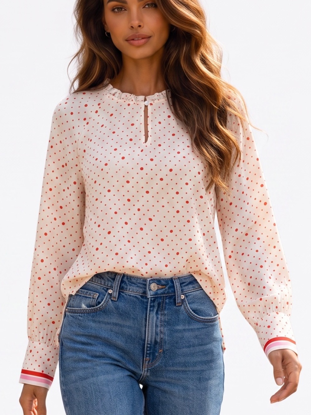 CeCe Cream Long Sleeve Ruffle Neck Blouse with Red Polka Dots

💚0493